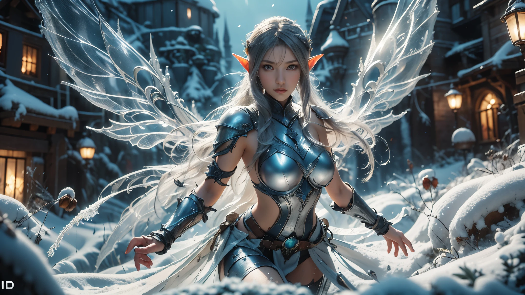 Close-up of woman holding sword and armor, Armor Girl, 2. 5D CGI anime fantasy artwork, Large Breasts，Epic fantasy digital art style, detailed Digital 2D fantasy art, Digital 2D fantasy art, original photo, (best quality:1.3), high resolution, (masterpiece), (lifelike:1.4), Professional photography, Clear focus, High Dynamic Range, 8k resolution, Intricate details, Fine details, Depth of Field, Extremely detailed CG unified 8k wallpaper, masterpiece，poster，best quality，Official Art，（Beauty and aesthetics：1.2），（masterpiece：1.3），Female Elf，individual，Light Leather Armor，complex pattern，snow，castle，Medium distance photography，（early morning），dramatic，Glowing Wings，