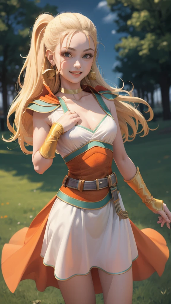 masterpiece, Highest quality, DQ Bianca, Single Blade, Earrings, choker, Blonde, Orange Cape, Green Dress, belt, Jump, Small breasts, Upper Body, Turn your body forward, smile, looking at the camera, fist