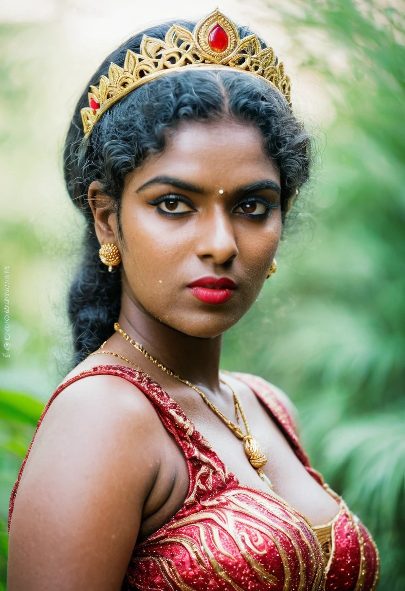 (((photo of a ancient kerala crowned temple goddess ))), (((black kali))) , (((Half Body))), (((very dark skin))), (((8+))), (((plus size chubby tall))), (((huge bustyy wet big massive boobs))), de thick thig, (((ancient black mini skirt))), ((black skin dark body)), (((red ornaments))), (((depth of field))), ((( flame bokeh))), (((rain))), ((( flashing light leaks))), (((divine))), photorealistic,photo, realism, Getty Images, RAW candid cinema, 16mm, colour graded portra 400 film, remarkable colour, ultra realistic, textured skin, remarkable detailed pupils, realistic dull skin noise, visible skin detail, skin fuzz, dry skin, shot with cinematic,light leaks, RAW Image, DOF, depth of field,bokeh,mylocalgirl