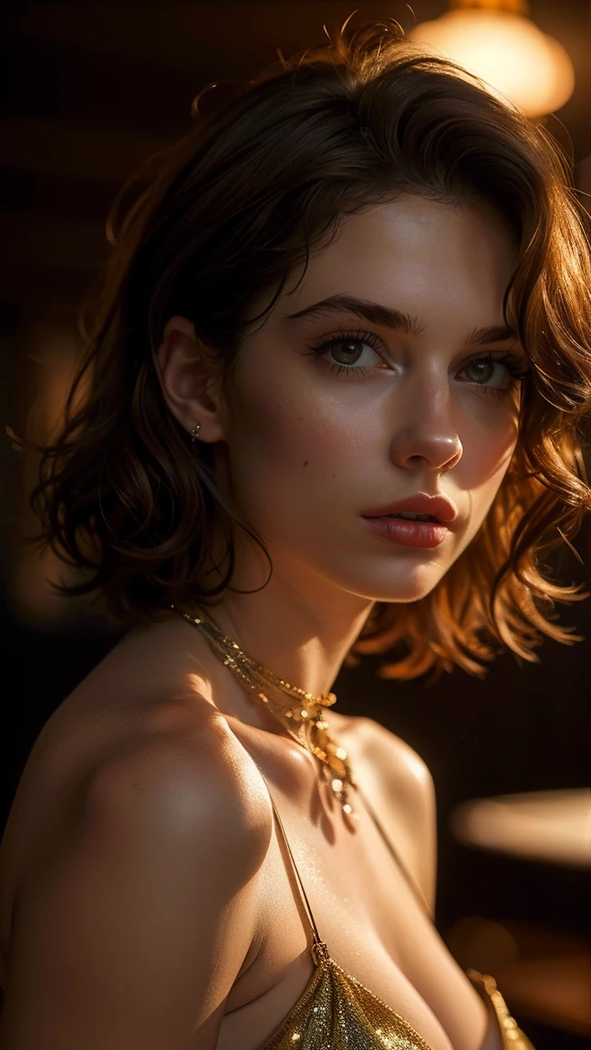 WOMAN WITH SHORT WAVY LIGHT BROWN HAIR, breasts bigdark room, moody lighting, candid and dynamic close-up photo, Naturally beautiful woman, fine tune, toned, 24 years, shorth hair, in elegant low-cut cocktail dress, (neckleace:1.2), aretes, wristbands, muted, standing in a dark, fancy restaurant at night, Depth of field, high qualiy, face detailed, realisitic, foto em close extremo, (focus on the lips), lateral view, casting shadow style, bhands, (Exhibition:0.7), (sharp contrast:0.9), (Spitz:1.1), eyeshadows, rim-light, WOMAN WITH SHORT WAVY LIGHT BROWN HAIR, breasts big, WOMAN WITH SHORT WAVY LIGHT BROWN HAIR, breasts big