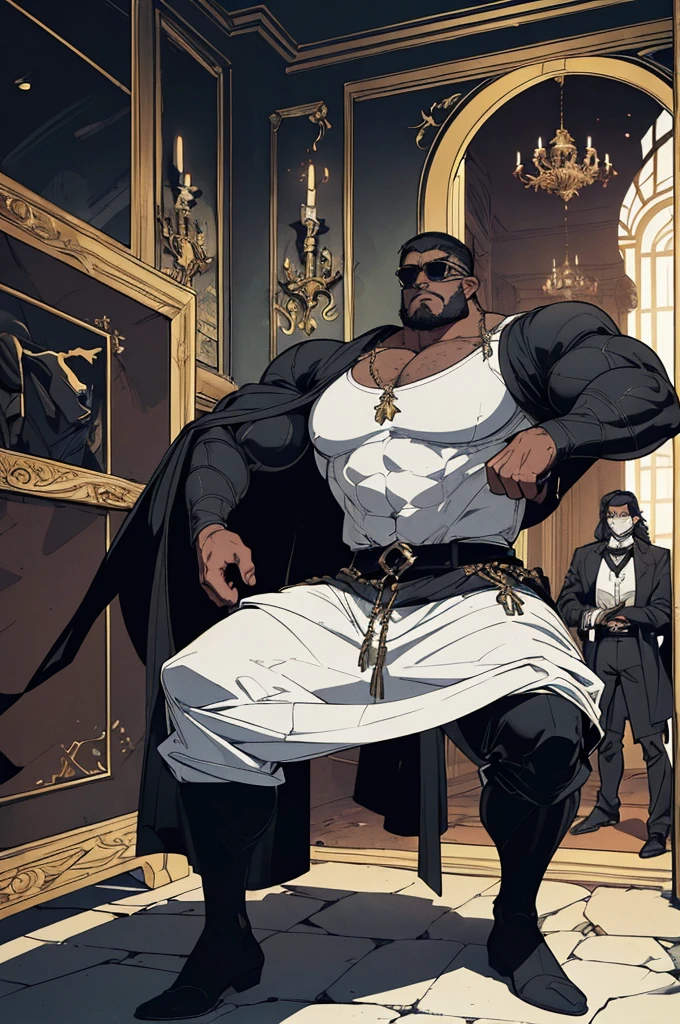 ((full body)),(angry),obra de arte:1.2, melhor qualidade, ultra detalhado, absurdos, Marcus "Juggernaut" Johnson:
Physical Description: Gigantic, bulky muscles, tribal tattoos.
Personality: Gentle, loyal, and protective, bodyguard of an important figure.
Clothing: Tailored black suit, white shirt, sunglasses.
Setting: Luxurious mansion of a magnate, with guards at every corner.
Photography: Soft lighting highlighting the opulence of the mansion, contrasting with Juggernaut's imposing figure. (retrato), cruzado, armadura elegante, (cocar elegante sobre capuz), Rei leproso, no estilo de Kentaro Miura, pele azul, (rosto desfigurado), partially cursed face, 1 mulher, fantasia, SCI-FI, Serious Expression, muscular, (Androgynous facial features),