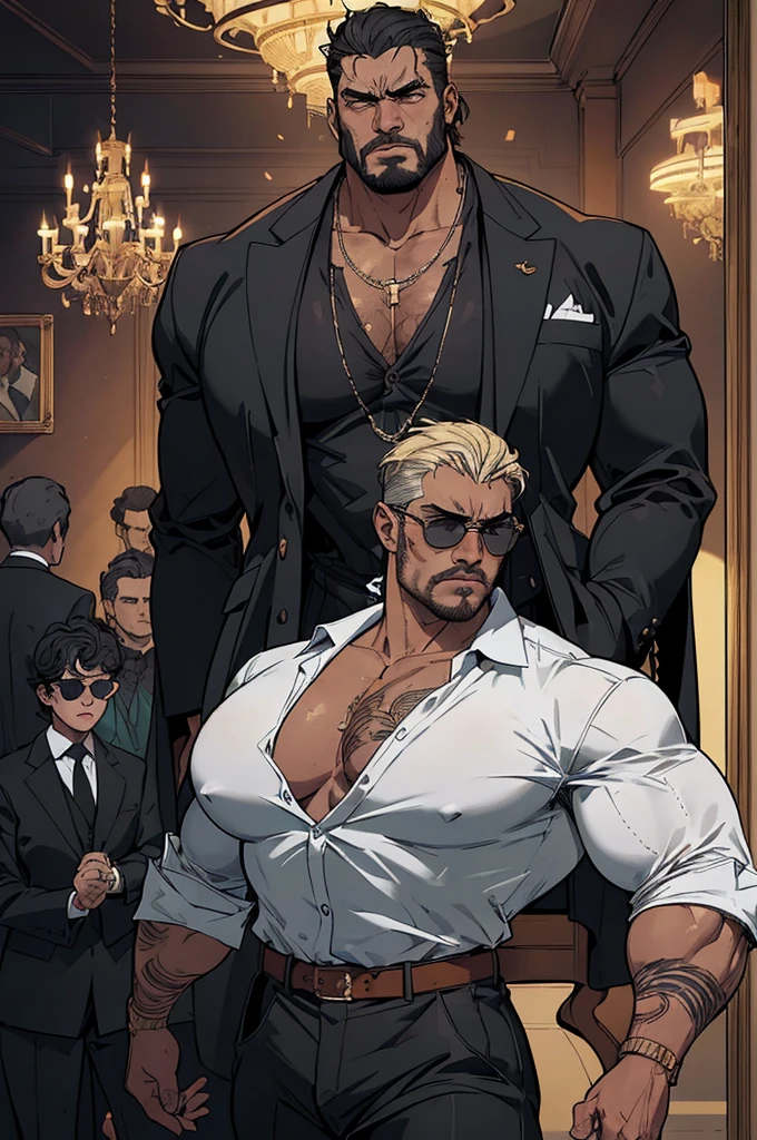 ((full body)),(angry),obra de arte:1.2, melhor qualidade, ultra detalhado, absurdos, Marcus "Juggernaut" Johnson:
Physical Description: Gigantic, bulky muscles, tribal tattoos.
Personality: Gentle, loyal, and protective, bodyguard of an important figure.
Clothing: Tailored black suit, white shirt, sunglasses.
Setting: Luxurious mansion of a magnate, with guards at every corner.
Photography: Soft lighting highlighting the opulence of the mansion, contrasting with Juggernaut's imposing figure. (retrato), cruzado, armadura elegante, (cocar elegante sobre capuz), Rei leproso, no estilo de Kentaro Miura, pele azul, (rosto desfigurado), partially cursed face, 1 mulher, fantasia, SCI-FI, Serious Expression, muscular, (Androgynous facial features),