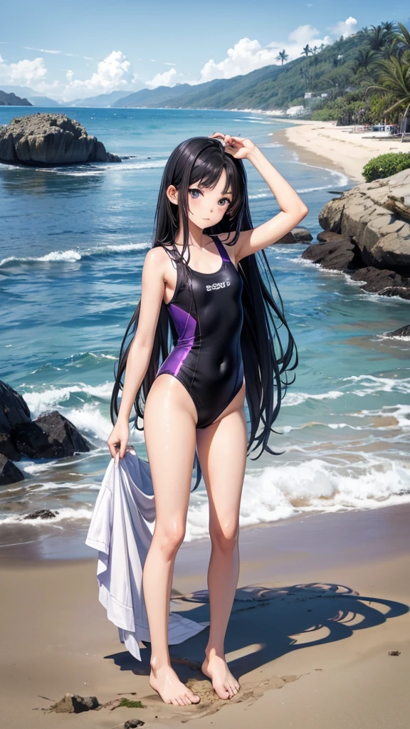 Twelve-year-old girl with long straight black hair,Bare arms,purple swimsuit,Bare Legs,barefoot,Standing,beach