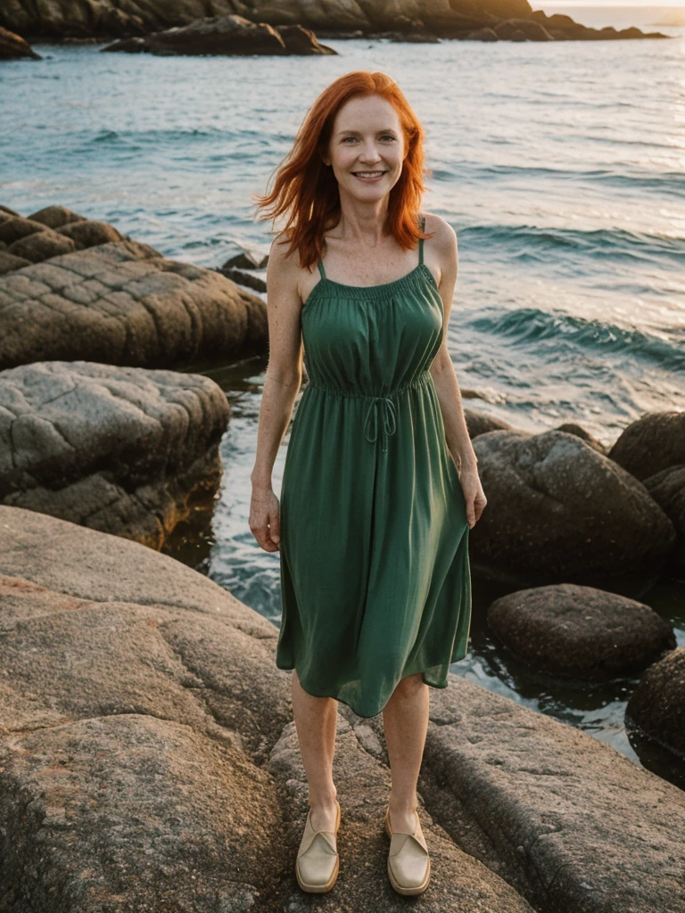 portrait shot, half body, her name is Mia, high quality, 1 old woman, ((40-year-old irish woman)), (((40 years old))), (guitar shaped body), wide hips, (wrinkled body), (old body), (((red hair))), (pale skin), ((green eyes)), she is wearing a sexy boho dress, dynamic pose, smiling, BREAK, BACKGROUND: outdoor: secluded cove at sunrise, coves, dawn, tide pools, seashells, small boat, film grain