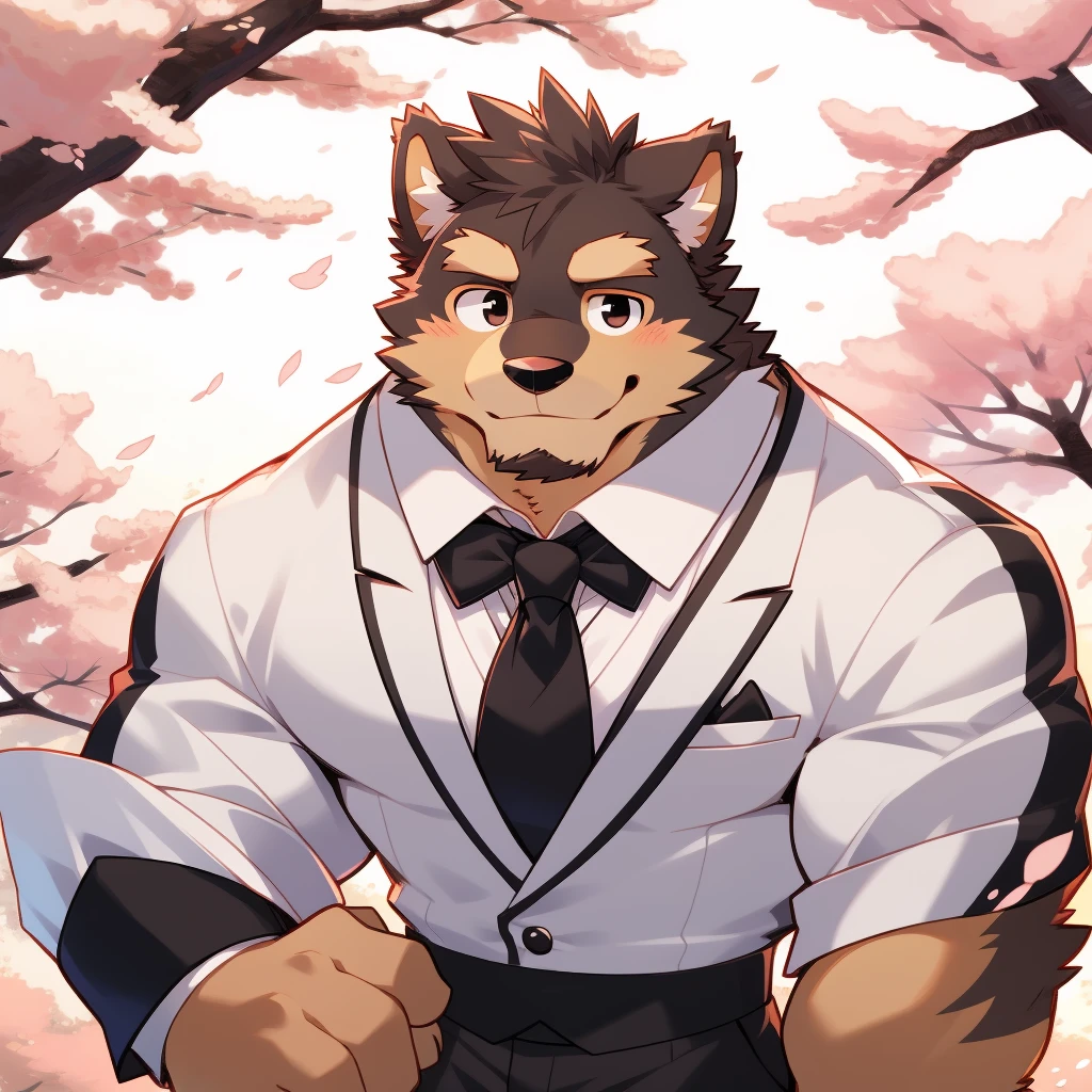 Scribble 德国牧羊dog face,Cute face,Humanity(dog),(Formal wear:1.3),Muscular,(Brown eyebrows:1.1),（Close one eye:1.2）,(Perfect black eyes),Cherry blossoms,Black fur。（artist:Takemoto Arashi）