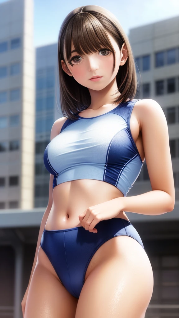 (masterpiece, best quality, thin line:1.4), 8k, 85mm portrait, raw photo, absurdres, delicate girl, cowboy shot, (thighs, from below:1.3), shiny skin, (track uniforms, sportswear, sports bras, sports bikinis:1.3), rikujou, track and field, teen, looking at viewer, 18yo, short hair, HDR, sharp focus, highres, photography, realistic, highest detailed, extreme detailed, ultra detailed, finely detail, detailed eyes and face, sharp pupils, realistic pupils, (smile:0.8), (bokeh background:1.2)