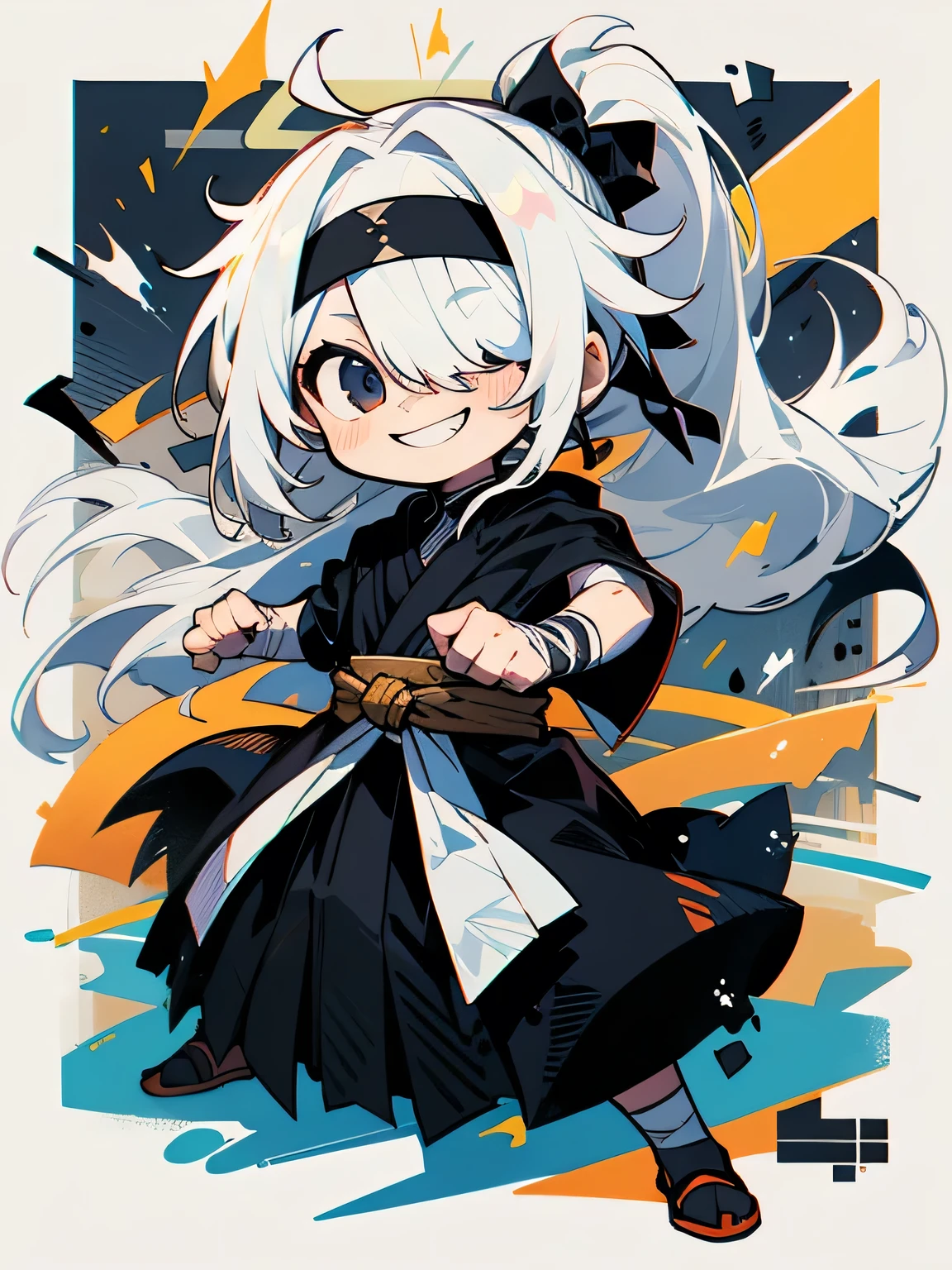 (chibi),solo,male's face,(white hair over closed one eye:1.2),grin,(low very long ponytail),black hachimaki,grin,Bandaged clothes, black cloak,fullbody,fighting stance,