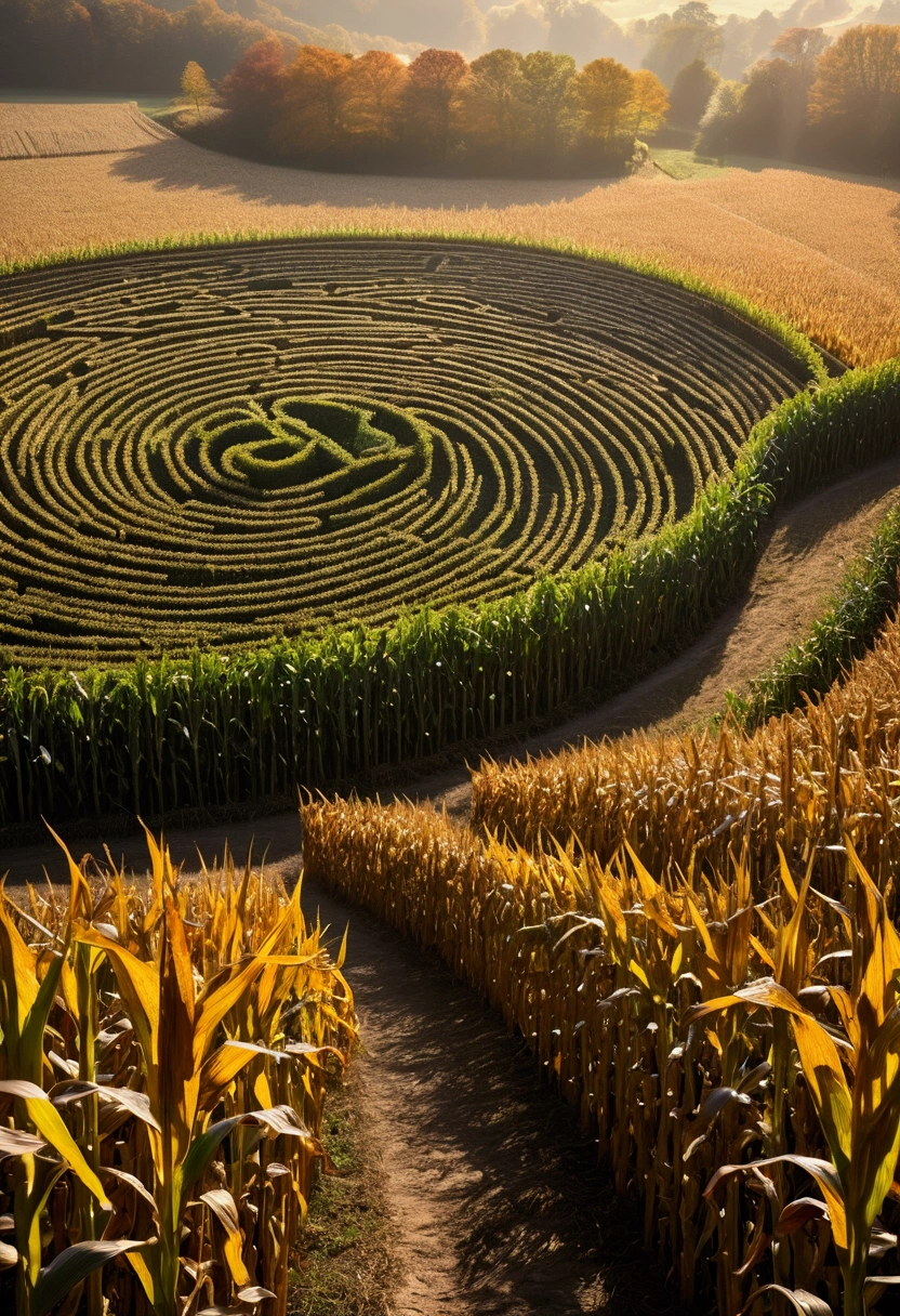 Fascinating corn maze, (Sophisticated design:1.2), (labyrinthine:1.1), The golden autumn sun casts long shadows, (labyrinthine的曲折:1.3), Tall corn stalks reach up to the sky, The shells rustle gently in the breeze, (Detailed landscape:1.4), Sunlight shines through the leaves, (Fresh autumn air:1.1), Lenses, (Vibrant colors:1.1), Harvest Festival atmosphere, (Foggy morning:1.2), Mysterious and interesting, (Moonshine Trail:1.3), reality