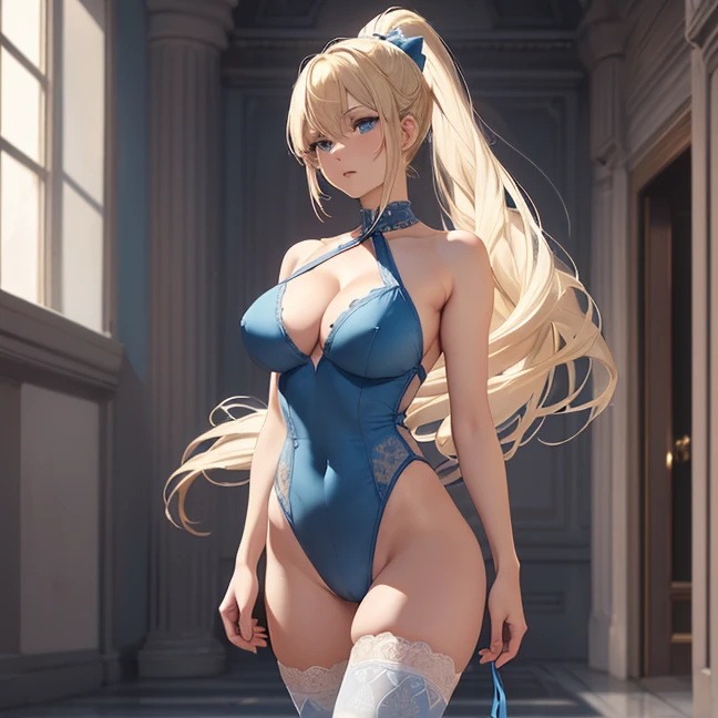 (Absurdres, master piece, best high quality image, very detailed features, very detailed textures, carefuly detailed artwork, solo character)
{{1character: 40 years old beautiful blonde woman dancer, (fair skin, blue eyes, blonde golden long hair tied in a high ponytail with a long crimson ribbon, voluptuous figure, big breasts, beautiful legs, beautiful arms, serious calm expression, walking calm) (chorus girl light-grey one-piece leotard, light-blue pantyhoses, blue shoes, cleavage), (palace outskirts))}}