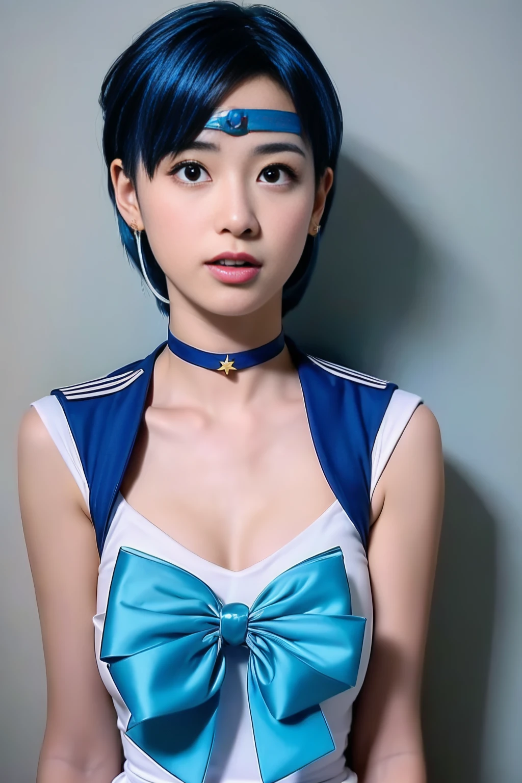 Full Body Shot,Ami Mizuno, (sailor mercury, neck ribbon, blue hair, short hair, circlet, jewelry, crescent earrings),Sailor Mercury. beautiful, whole body,background mercury,