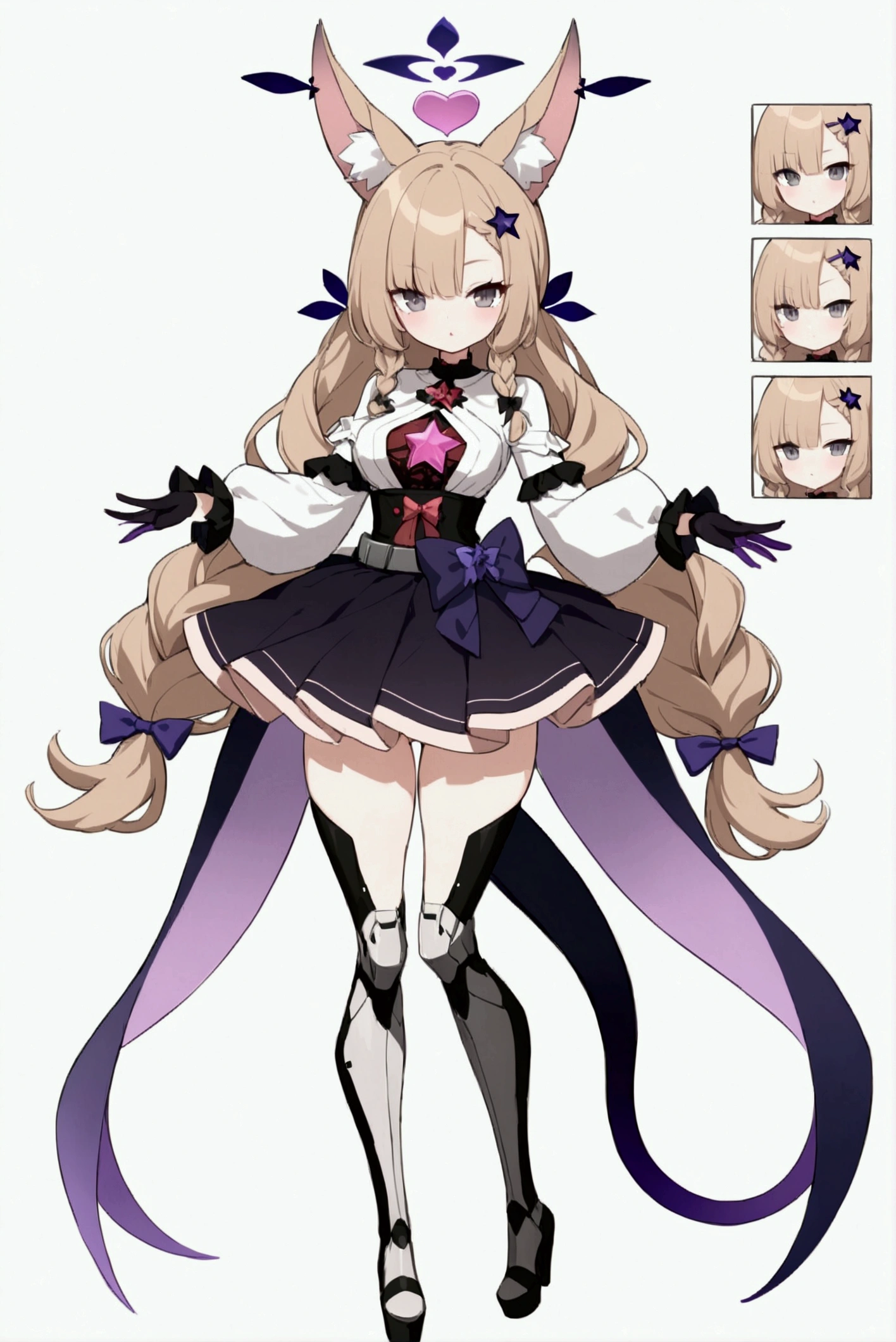 woman 170 cm tall, medium chest, wide hip, slim build, charming look, ((whole body)), (((character design sheet: front view))), (dark blonde hair), ((hip length wavy hair, asymmetrical bangs, star hairpin)), (short braid tied with an elegant purple ribbon on the left side of her hair over her chest), (She has a short braid tied with an elegant purple ribbon on the right side of her hair above her chest), small hair bows at the back of your hair.), ((Gray eyes with a pink 4-pointed star in the pupil.)), (Two black and purple fox ears located on the top of the head.), (Luminous black horizontal halo in the shape of a four-pointed star above the head with purple thorn patterns), He has a black collar with a heart emblem on his neck., (Elegant long one piece dress, Thigh-length lace and ruffle skirt, large bow at the back of the hip, ribbon decorations and star patterns on the dress), black ruffled gloves, Black platform heels, gray belt at the waist with a large ribbon with a luminous pink heart in the middle, ((It has a small succubus tail that ends in the shape of a heart.)), (((It has complex futuristic mechanical legs that reach up to the thighs., black color with small red and purple details.))), extremely detailed beautiful hair, beautiful detailed dress, extremely detailed arms, extremely detailed face, (Extremely detailed hands), perfect hands, small face, Beautiful detailed eyes, beautiful detailed lips, adorable, extremely detailed legs, (Best Quality, 8k, high resolution), ultra detailed, Exquisite and epic character art, ((White background)), (Focus on symmetry).