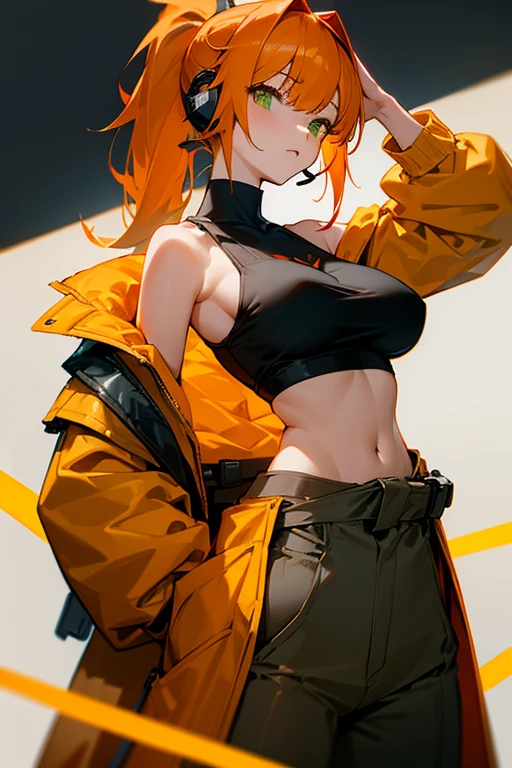big breasts, big ass, wears a white tank top, yellow coat tied at the waist, katana on the back, wired headset connected to an mp3, black backpack, Waist slender,, orange hair with ponytail, bangs, yellow coat tied at the waist, hair orange, big boobies, brown cargo pants, ginger, big , big ass, white tank top, green eyes, orange hair, extreme big boobies