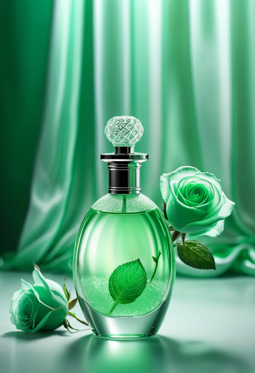 photorealistic of a evaporizer parfume bottle from ice glass content mint liquid three quarter part(accurate prompt:1.8)vaporizing a mint-green vapor(mint to green gradation:0.7), sprayed to green rose petal(rose:1.2)silver silk curtain background,evaporizing, glowing curtain, oval vignette, focus on the bottle, focus on vapor, midst, UHD, best quality wallpaper, 8k, dramatic light, intricate detailed,