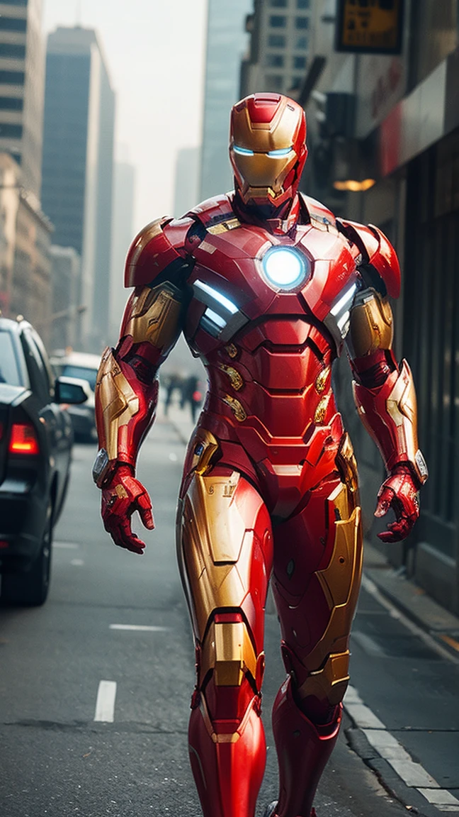 Iron Man Mega Bodybuilder, 5 metros de alto, fully body, all white and gold armor, worn out by battles, cyber punk, 8k. all-body, urban city background
