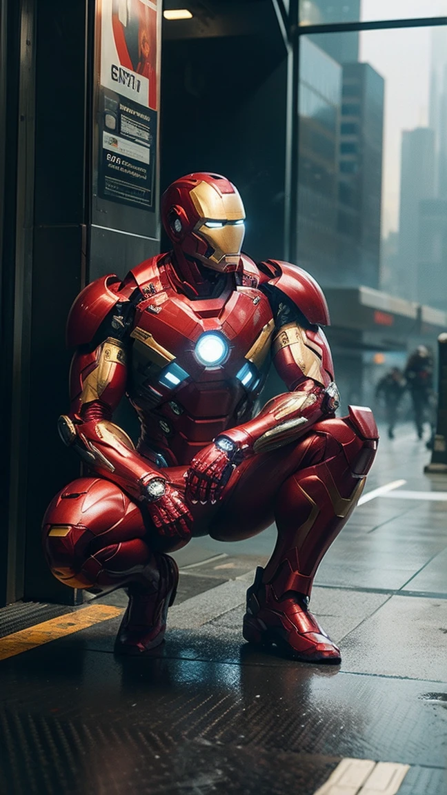 Iron Man Mega Bodybuilder, 5 metros de alto, fully body, all white and gold armor, worn out by battles, cyber punk, 8k. all-body, urban city background