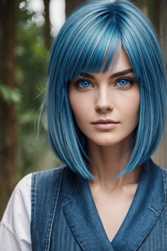Blue highlights, blue eyes, wolf hair cut, v shaped face