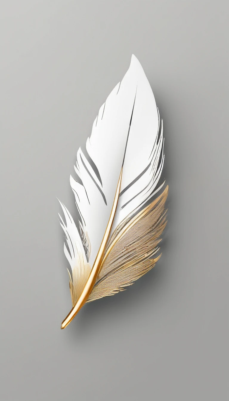 Minimalistic logo design of a white-golden feather with memories of birds for the brand “Penamemoria".
