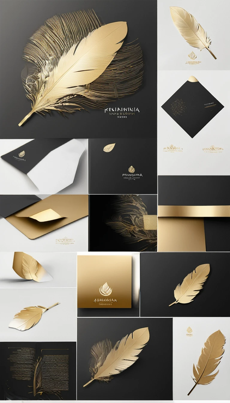Minimalistic logo design of a white-golden feather with memories of birds for the brand “Penamemoria".