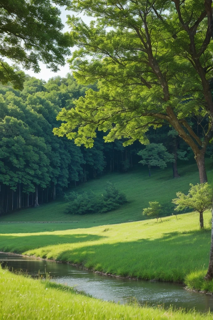 Grass and trees are blowing in the strong wind on the vast grassland。A meadow with a stream、Nobody is here、There is no one、Landscape painting、No person required、No building required、Only trees and grass are needed