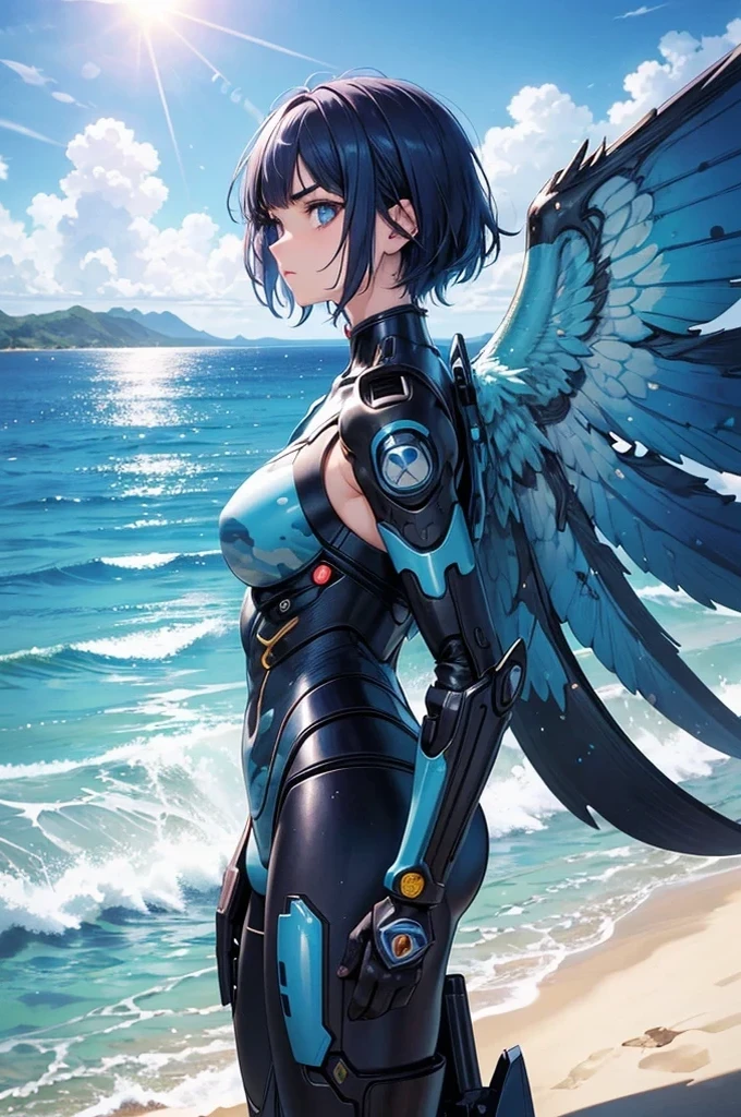 masterpiece, best quality, ultra detailed, 4K, no bad anatomy and fingers, no text and header, fibonacci composition, from side, cinematic angle, a cyborg girl, beach, staring out to sea, melancholy, super fine concept art, combat plug suit with big mechanical wings, Blue Camouflage, elaborately designed clothes, medium short hair with straight bangs above the eyebrows, colored inner hair, glowing beautiful skin and eyes, beautiful Okinawa beach, sunny, thick lines, sunbeam, detailed background, Masashi Kishimoto, Hirohiko Araki,