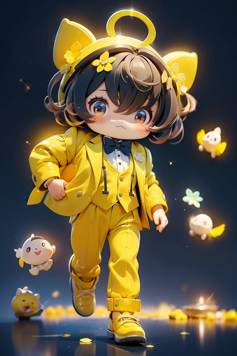 Cute Q version house people,Yellow suit,Black tie,Three View,front,Ultra HD, mascot,high quality