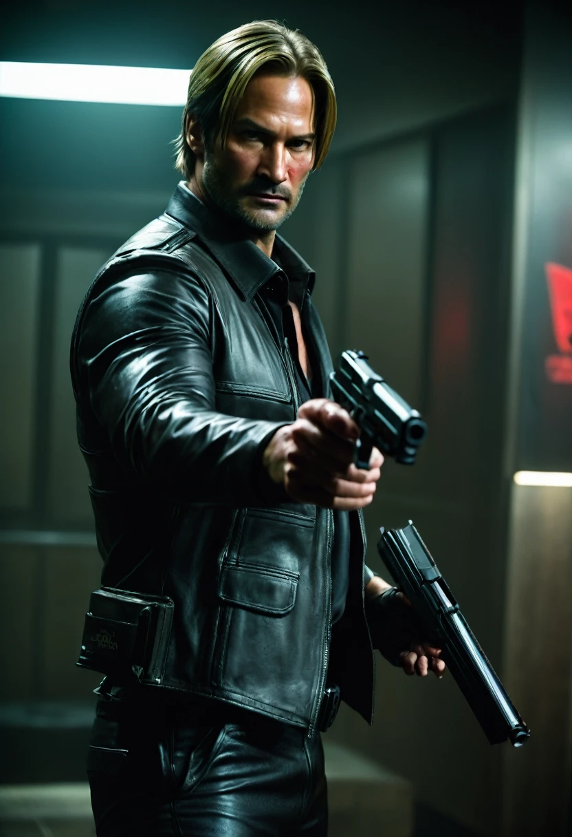 faithful image of actor Josh Holloway dressed in costume "Leon kennedy" from the game "Resident Evil 2 remake", He has a gun in his hand and points it forward, serious face, detailled image, he is inside a closed private room with ultra futuristic LED light, has a logo "umbrella" on the wall, there is an Umbrella corporation logo behind it, his face is covered in blood, he holds a pistol with both hands, high resolution