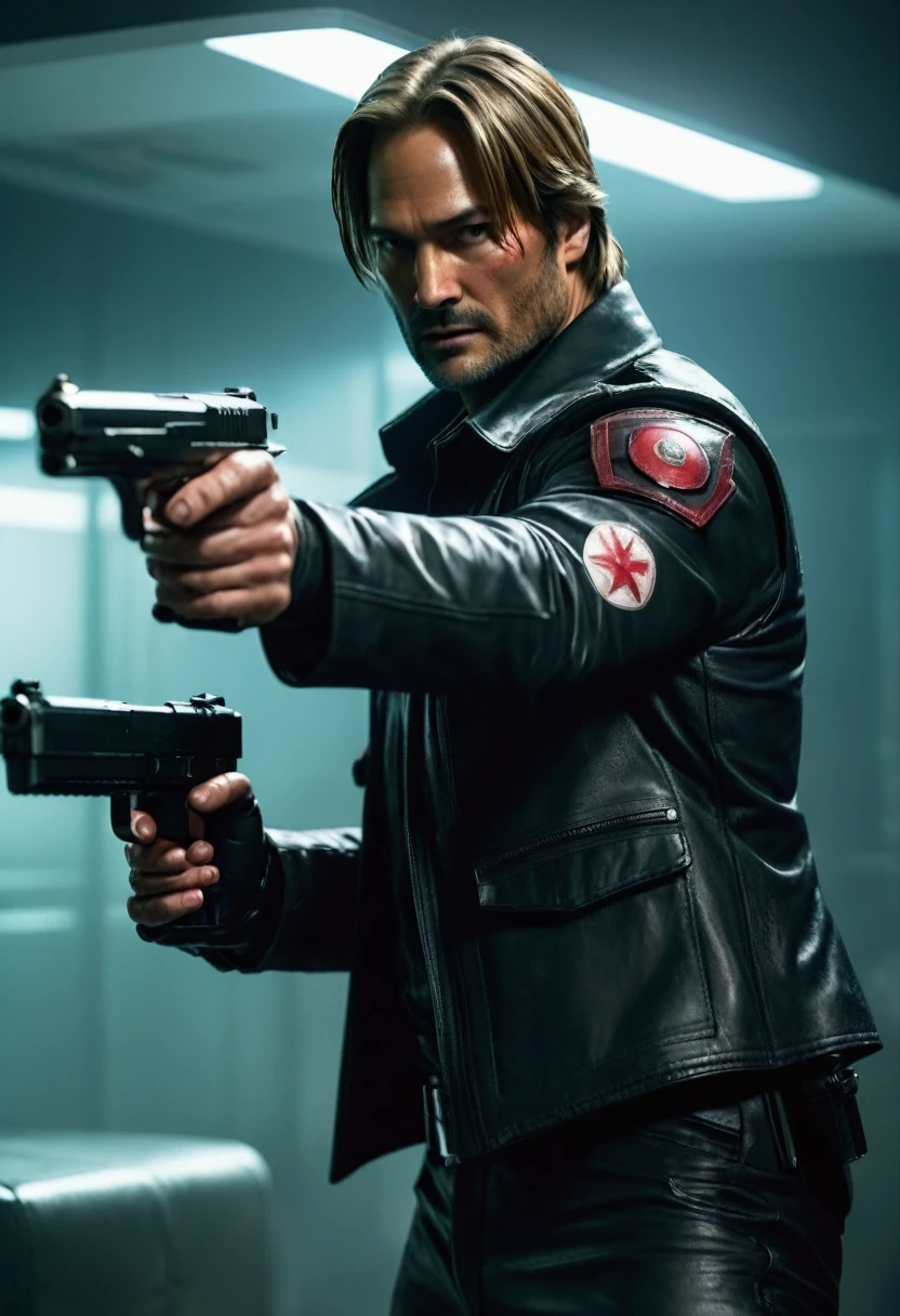 faithful image of actor Josh Holloway dressed in costume "Leon kennedy" from the game "Resident Evil 2 remake", He has a gun in his hand and points it forward, serious face, detailled image, he is inside a closed private room with ultra futuristic LED light, has a logo "umbrella" on the wall, there is an Umbrella corporation logo behind it, his face is covered in blood, he holds a pistol with both hands, high resolution