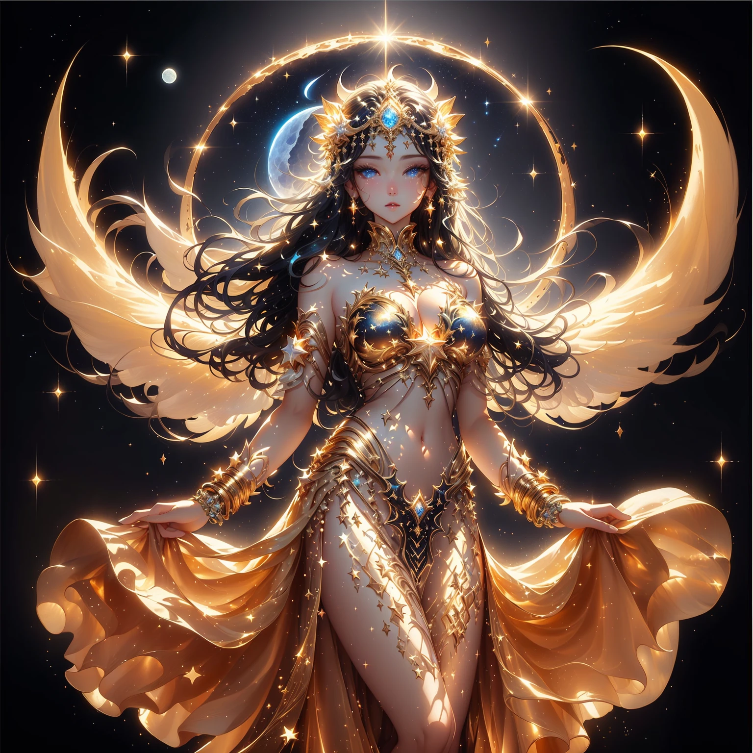 A woman in a golden dress stands in front of a starry sky., celestial goddess, beautiful heavenly mage, gorgeous goddess of leo, Argerm Julie Bell Beeple, goddess of light, moon goddess, as the goddess of the sun, Carole Bak and Peter Mohbacher, goddess. Very high detail, goddess of the sun, lunar goddess , Saw the navel. , star background , black hair , golden sparkle , blue eyes , Fine thin stockings very well It has a golden star shape.,