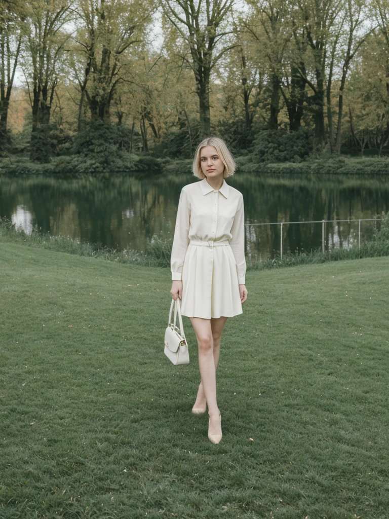 her name is Amelie, high quality, 1girl, ((25-year-old fit Caucasian woman)), ((25 years old)), ((SLIM)), ((short blonde hair)), pose: standing, wearing fashionable Generation-Z modern wear pastel colored, BACKGROUND: "Visiting Parc de la Tête d'Or, with its expansive lawns, botanical gardens, and serene lake."