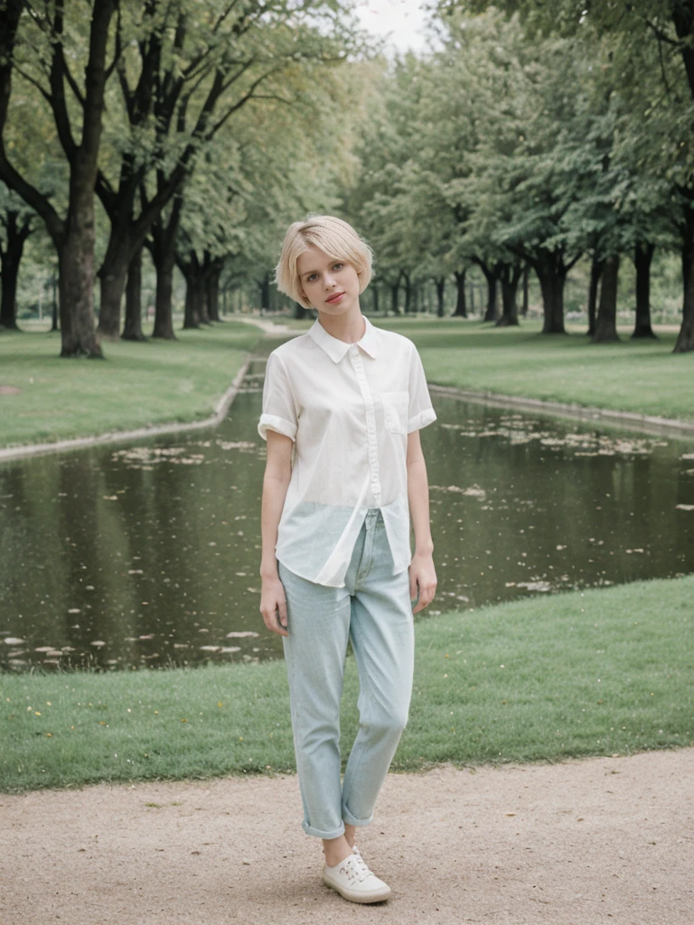 her name is Amelie, high quality, 1girl, ((25-year-old fit Caucasian woman)), ((25 years old)), ((SLIM)), ((short blonde hair)), pose: standing, wearing fashionable Generation-Z modern wear pastel colored, BACKGROUND: "Visiting Parc de la Tête d'Or, with its expansive lawns, botanical gardens, and serene lake."