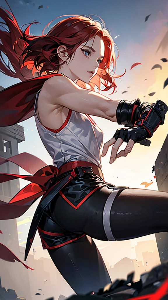 {{masterpiece}}, {{{best quality}}},{{ultra-detailed}}, {{illustration}},{{tall stature}},{{adult women}},skinny,Small breasts,Slender body,{{fighting stance}},((Leggings with integrated shorts)),((Black leggings)) Female Fighter　Red hair short cut　Sleeveless blouse　Martial Arts Belt　,Chinese style,Cowboy Shot, black fingerless gloves,Street Fight,Slums during the day,1 female,alone, Elbow guard
