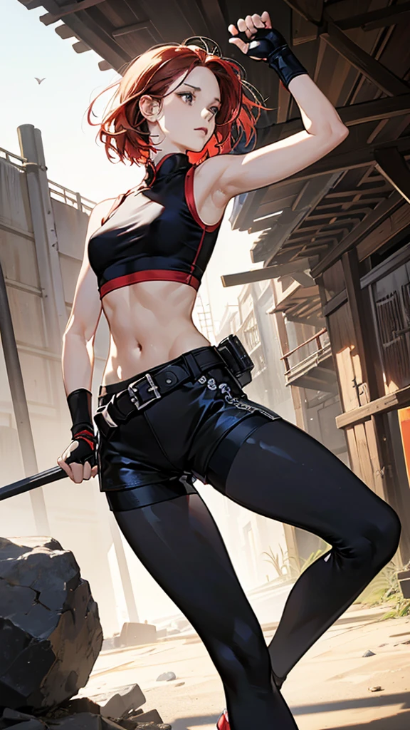 {{masterpiece}}, {{{best quality}}},{{ultra-detailed}}, {{illustration}},{{tall stature}},{{adult women}},skinny,Small breasts,Slender body,{{fighting stance}},((Leggings with integrated shorts)),((Black leggings)) Female Fighter Red hair short cut Sleeveless blouse Martial Arts Belt ,Chinese style,Cowboy Shot, black fingerless gloves,Street Fight,Slums during the day,1 female,alone, Elbow guard