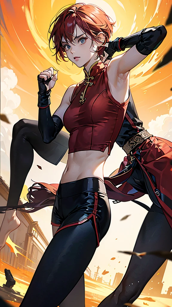 {{masterpiece}}, {{{best quality}}},{{ultra-detailed}}, {{illustration}},{{tall stature}},{{adult women}},skinny,Small breasts,Slender body,{{fighting stance}},((Leggings with integrated shorts)),((Black leggings)) Female Fighter　Red hair short cut　Sleeveless blouse　Martial Arts Belt　,Chinese style,Cowboy Shot, black fingerless gloves,Street Fight,Slums during the day,1 female,alone, Elbow guard
