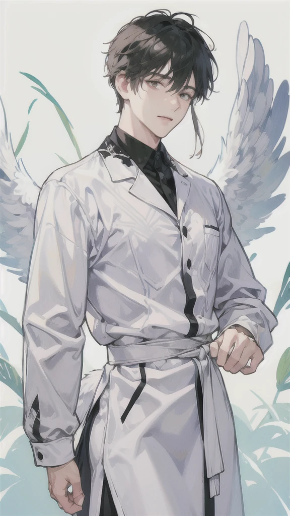 man, side face, wings white behind him, angel, prey
