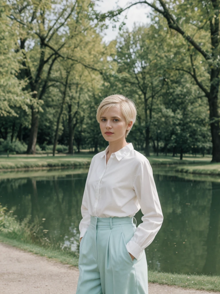 her name is Amelie, high quality, 1girl, ((25-year-old fit Caucasian woman)), ((25 years old)), ((SLIM)), ((short blonde hair)), pose: standing, wearing fashionable Generation-Z modern wear pastel colored, BACKGROUND: "Visiting Parc de la Tête d'Or, with its expansive lawns, botanical gardens, and serene lake."