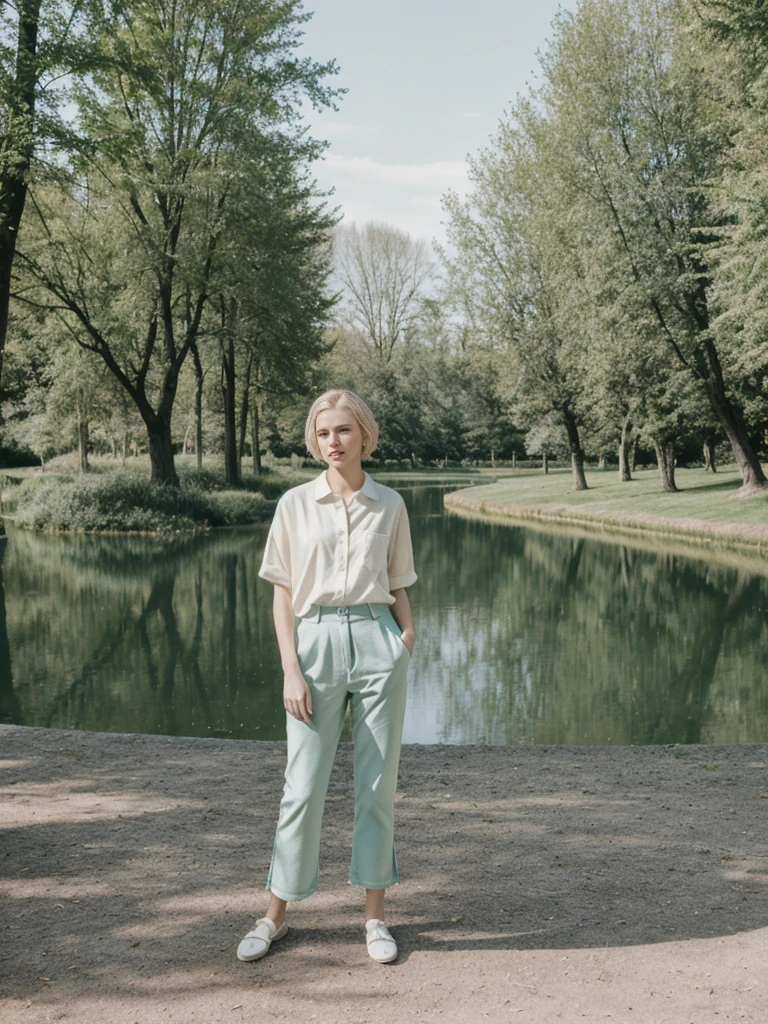 her name is Amelie, high quality, 1girl, ((25-year-old fit Caucasian woman)), ((25 years old)), ((SLIM)), ((short blonde hair)), pose: standing, wearing fashionable Generation-Z modern wear pastel colored, BACKGROUND: "Visiting Parc de la Tête d'Or, with its expansive lawns, botanical gardens, and serene lake."