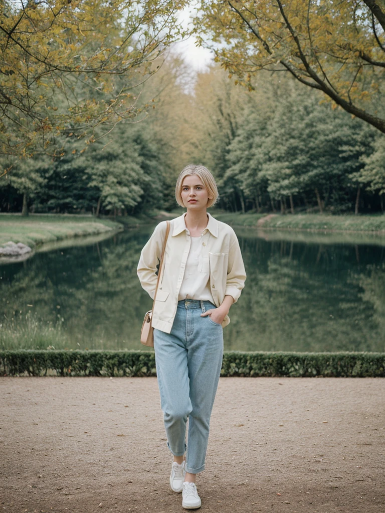 her name is Amelie, high quality, 1girl, ((25-year-old fit Caucasian woman)), ((25 years old)), ((SLIM)), ((short blonde hair)), pose: standing, wearing fashionable Generation-Z modern wear pastel colored, BACKGROUND: "Visiting Parc de la Tête d'Or, with its expansive lawns, botanical gardens, and serene lake."