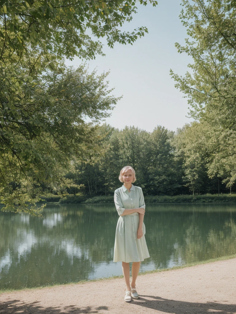 her name is Amelie, high quality, 1girl, ((25-year-old fit Caucasian woman)), ((25 years old)), ((SLIM)), ((short blonde hair)), pose: standing, wearing fashionable Generation-Z modern wear pastel colored, BACKGROUND: "Visiting Parc de la Tête d'Or, with its expansive lawns, botanical gardens, and serene lake."