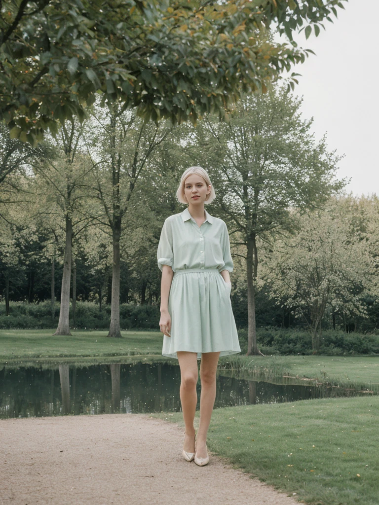 her name is Amelie, high quality, 1girl, ((25-year-old fit Caucasian woman)), ((25 years old)), ((SLIM)), ((short blonde hair)), pose: standing, wearing fashionable Generation-Z modern wear pastel colored, BACKGROUND: "Visiting Parc de la Tête d'Or, with its expansive lawns, botanical gardens, and serene lake."