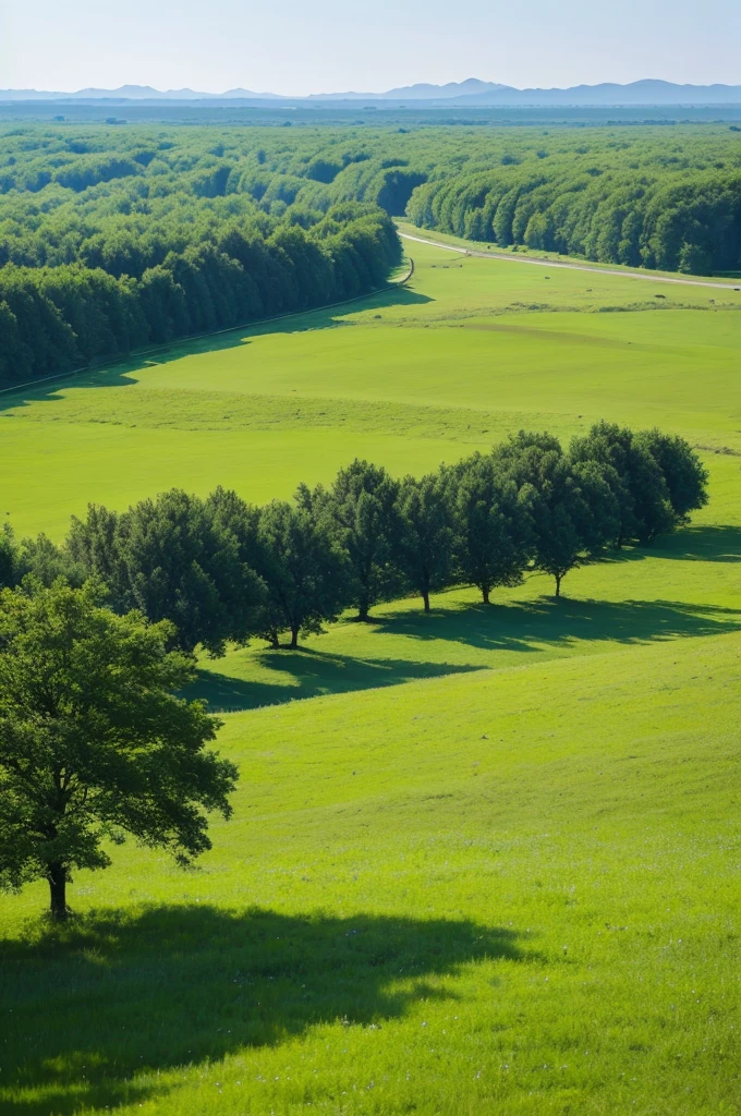 Grass and trees are blowing in the strong wind on the vast grassland。A meadow with a stream、Nobody is here、There is no one、Landscape painting、No person required、No building required、Only trees and grass are needed