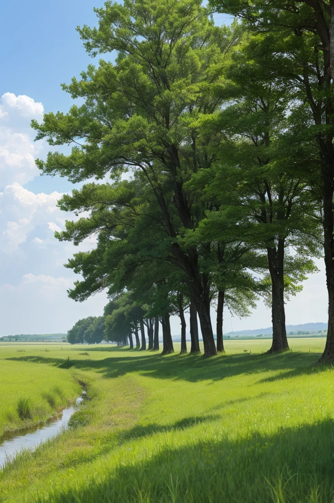 Grass and trees are blowing in the strong wind on the vast grassland。A meadow with a stream、Nobody is here、There is no one、Landscape painting、No person required、No building required、Only trees and grass are needed