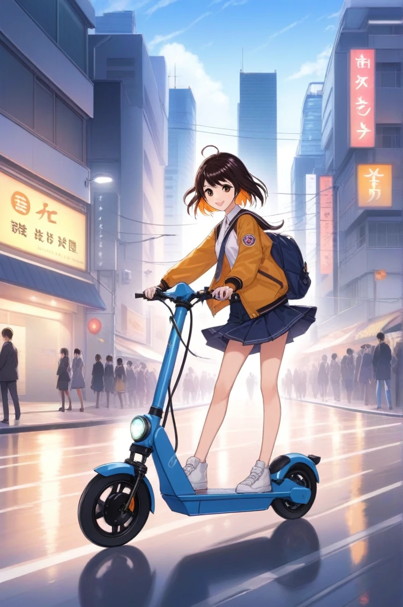 Anime artwork 2D, One Girl, Are standing, road, Riding an electric scooter around town . Anime Style, Key Visual, Studio Anime,jeans