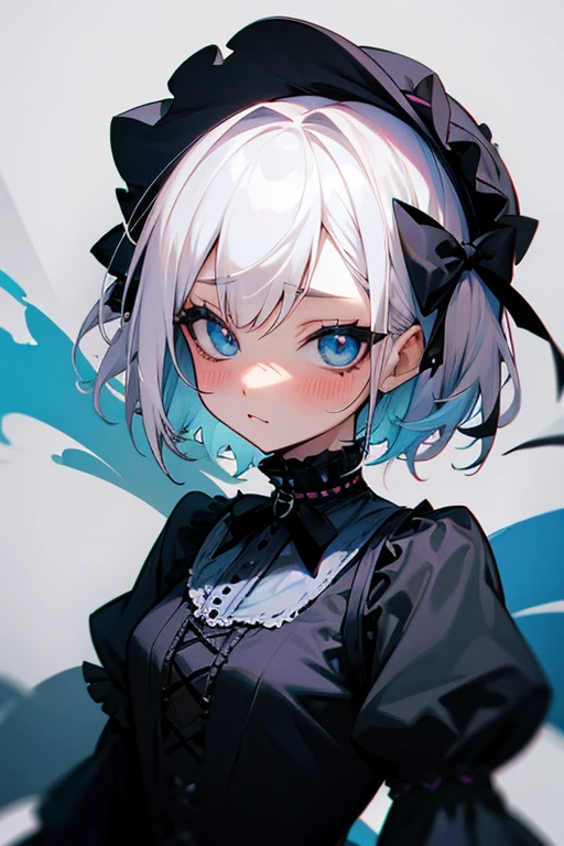 Short white hair, blush, Gothic Lolita、Punk Fashion、Headbang 2.、Blue and black clothes、