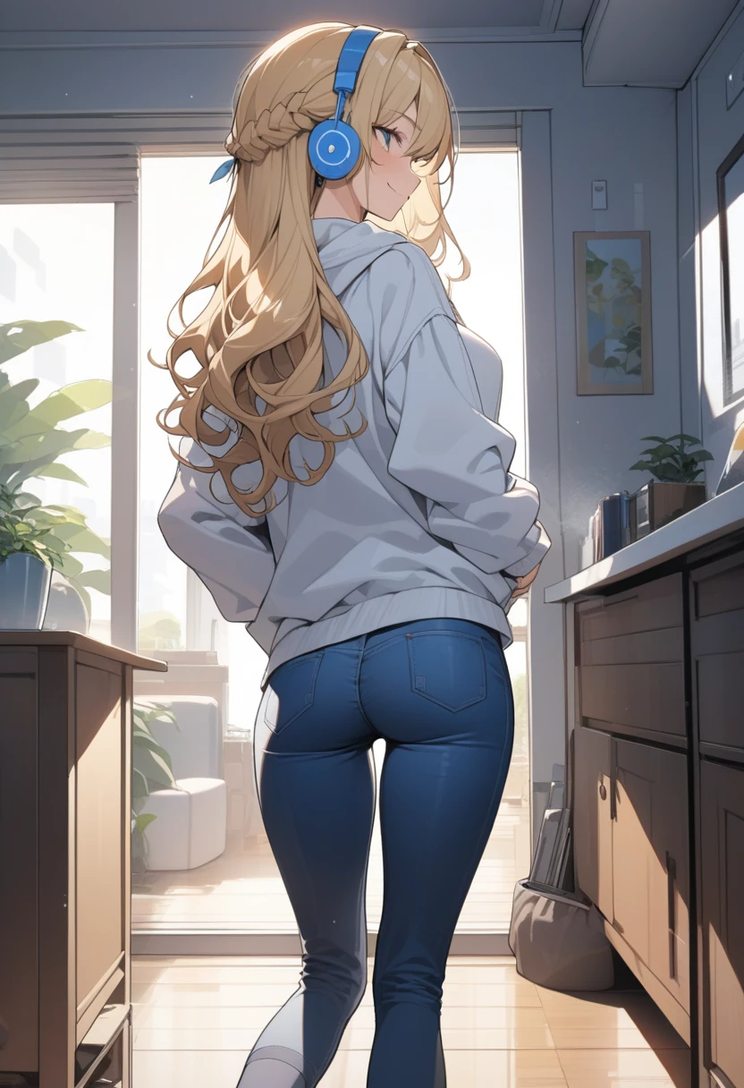 masterpiece, best quality, extremely detailed, ultra detailed, flat anime, 2D,
1girl, (young adult:1.2),blonde hair, (semi-long hair:1.2), curly hair, french braid, medium breasts, tsurime, height 1.7meters, 
white hooded sweatshirt, jeans,  earring,bracelet, long sleeves, ((Bluetooth small earphone)),socks,
from behind, upper body, looking back, right side, smile,
summer, livingroom, 12AM., standing