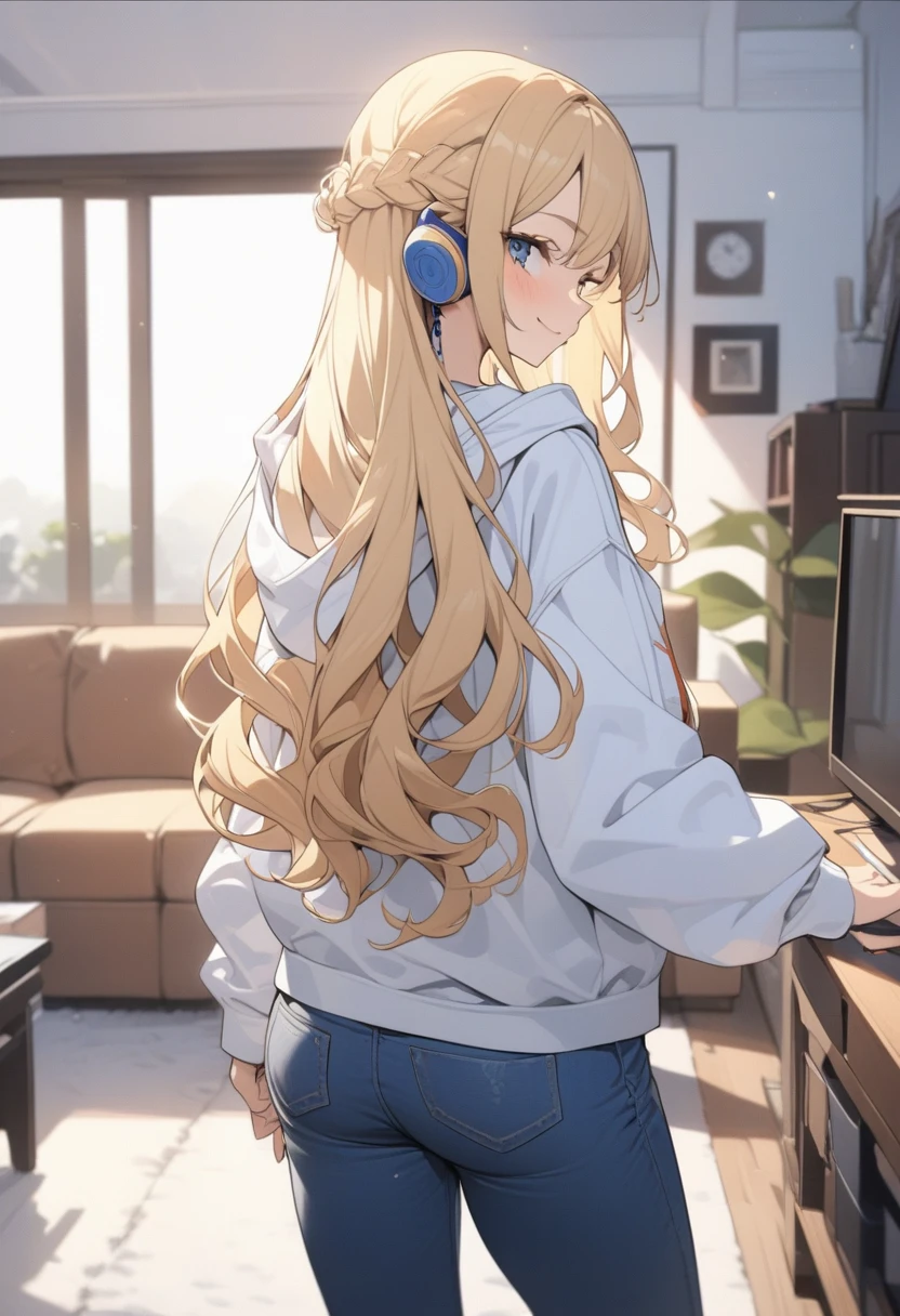 masterpiece, best quality, extremely detailed, ultra detailed, flat anime, 2D,
1girl, (young adult:1.2),blonde hair, (semi-long hair:1.2), curly hair, french braid, medium breasts, tsurime, height 1.7meters,
white hooded sweatshirt, jeans, earring,bracelet, long sleeves, ((Bluetooth small earphone)),socks,
from behind, upper body, looking back, right side, smile,
summer, livingroom, 12AM., standing