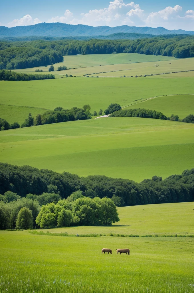 Grass and trees are blowing in the strong wind on the vast grassland。A meadow with a stream、Nobody is here、There is no one、Landscape painting、No person required、No building required、Only trees and grass are needed