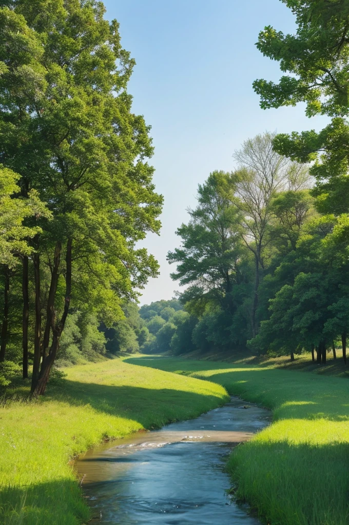 Grass and trees are blowing in the strong wind on the vast grassland。A meadow with a stream、Nobody is here、There is no one、Landscape painting、No person required、No building required、Only trees and grass are needed