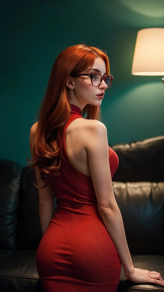 ((not sofa, A very cute young girl with glasses wears a very tight sweater.) ((she wears tight jeans.) 40 Tsd., fot, Masterpiece artwork, best qualityer, ((1 girl from back gorgeous red hair, on a pretty face in a red dress ,)), Cao Cao, full-featured, huge ass, saggy breasts, LONG NOZZLES, Until they&#39;re waiting for it, to undress, she is reading a book. ((:1.3))