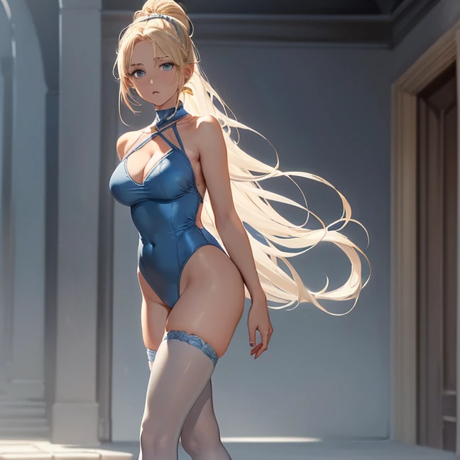(Absurdres, master piece, best high quality image, very detailed features, very detailed textures, carefuly detailed artwork, solo character)
{{(1character: 40 years old beautiful blonde woman dancer, (fair skin, blue eyes, blonde golden long hair tied in a high ponytail with a long crimson ribbon, voluptuous figure, big breasts, beautiful legs, beautiful arms, serious calm expression, walking calm) (chorus girl light-grey one-piece leotard, light-blue pantyhoses, blue shoes, cleavage), (palace outskirts))}}