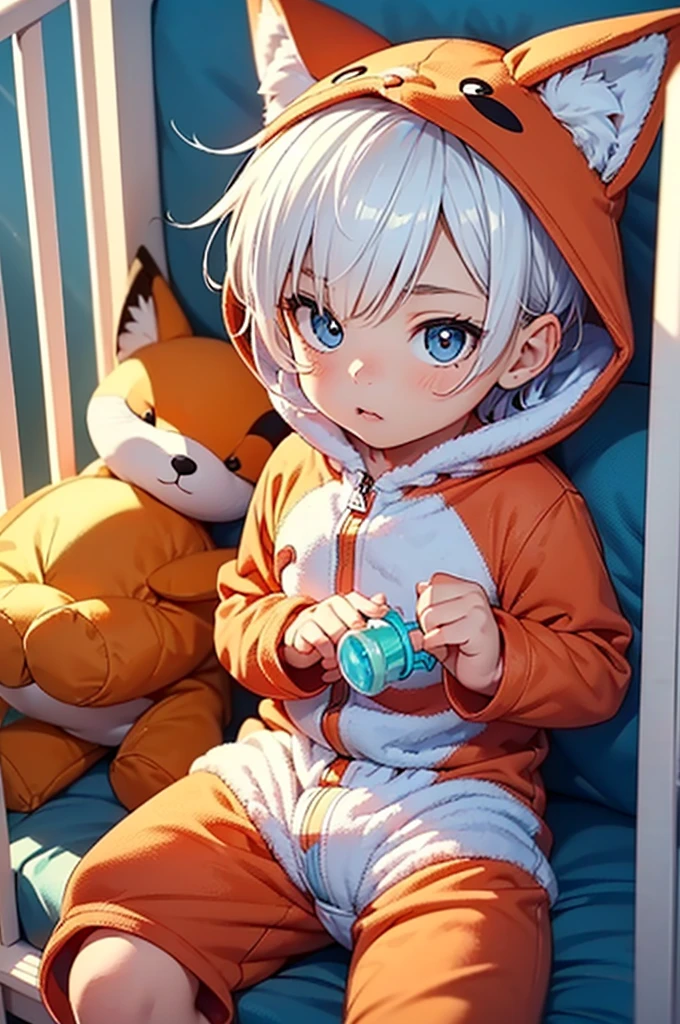 A teenage boy with white hair in a large nursery, (playing with baby toys), ((wearing a fox onesie)), (((wearing a diaper))), [[sleeping]], (in a crib 1.5), stuffed animals, ((1boy)), (pacifier 1.5), high quality, extremely detailed, highly detailed, masterpiece, soft lighting, warm colors, pastel colors, detailed environment,
